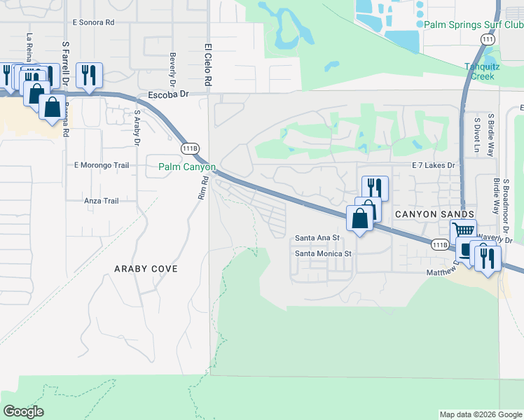 map of restaurants, bars, coffee shops, grocery stores, and more near 110 Saturn Street in Palm Springs