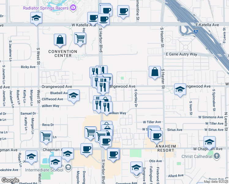 map of restaurants, bars, coffee shops, grocery stores, and more near 2115 Broden Street in Anaheim