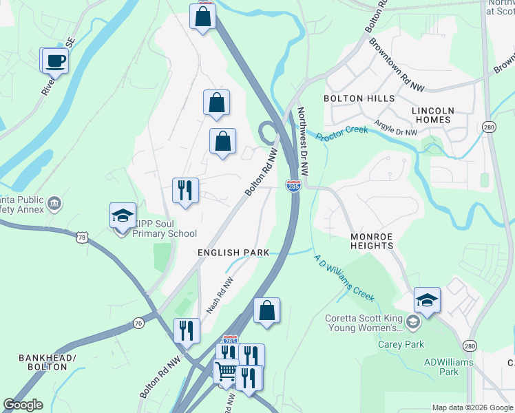map of restaurants, bars, coffee shops, grocery stores, and more near 1462 Nash Road Northwest in Atlanta