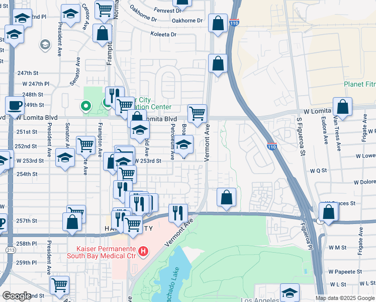map of restaurants, bars, coffee shops, grocery stores, and more near 1001 West 253rd Street in Los Angeles