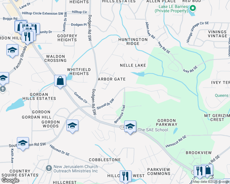 map of restaurants, bars, coffee shops, grocery stores, and more near 101 Stroud Drive Southeast in Mableton