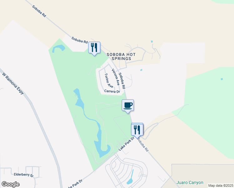 map of restaurants, bars, coffee shops, grocery stores, and more near 1822 Carrera Drive in San Jacinto