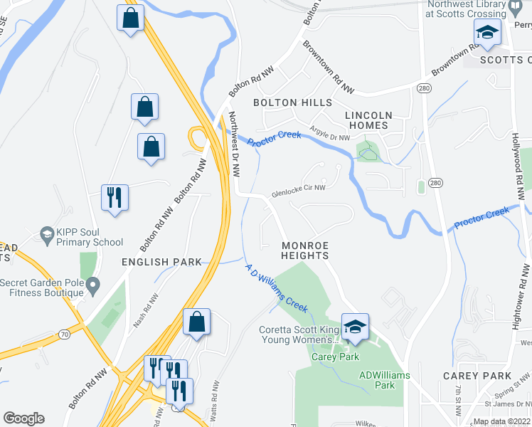 map of restaurants, bars, coffee shops, grocery stores, and more near 1456 Northwest Drive Northwest in Atlanta