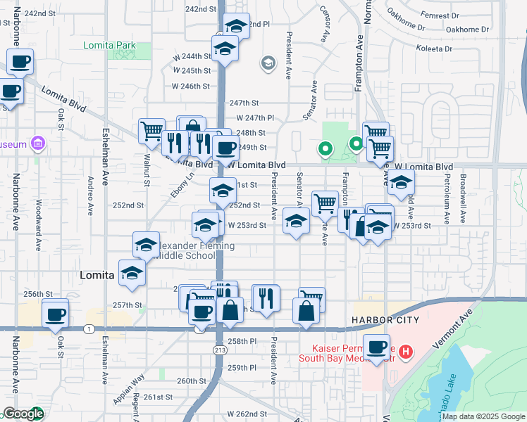 map of restaurants, bars, coffee shops, grocery stores, and more near 1616 252nd Street in Los Angeles