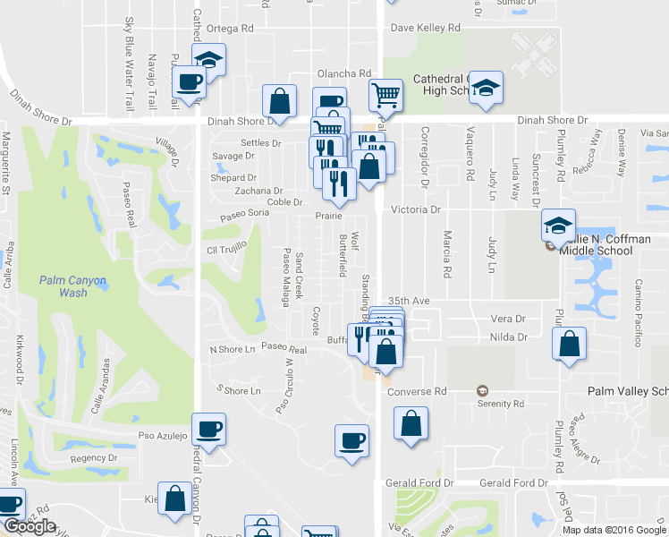map of restaurants, bars, coffee shops, grocery stores, and more near 350 Sand Creek in Cathedral City