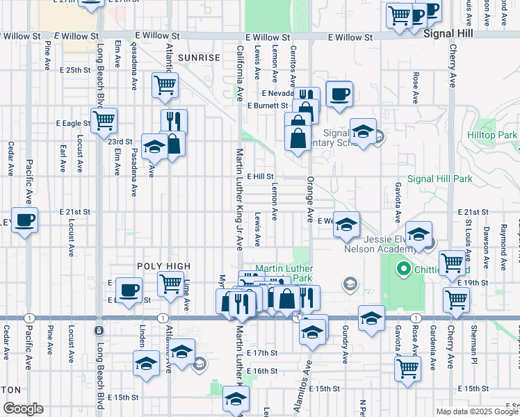 map of restaurants, bars, coffee shops, grocery stores, and more near 1055 East 21st Street in Long Beach