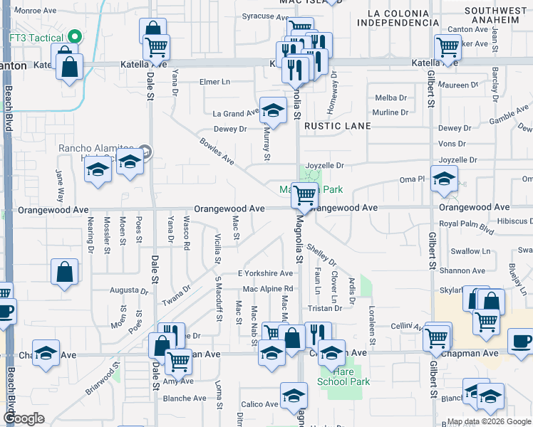 map of restaurants, bars, coffee shops, grocery stores, and more near 11542 Mac Nab Street in Garden Grove