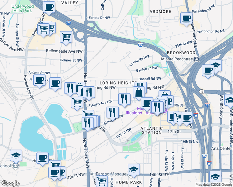 map of restaurants, bars, coffee shops, grocery stores, and more near 1486 Brooklyn Avenue Northwest in Atlanta