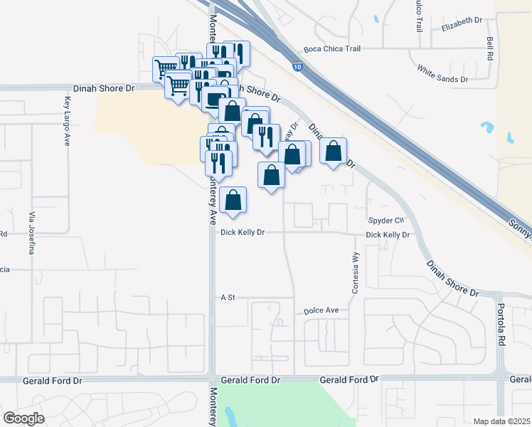 map of restaurants, bars, coffee shops, grocery stores, and more near 34940 Monterey Avenue in Palm Desert
