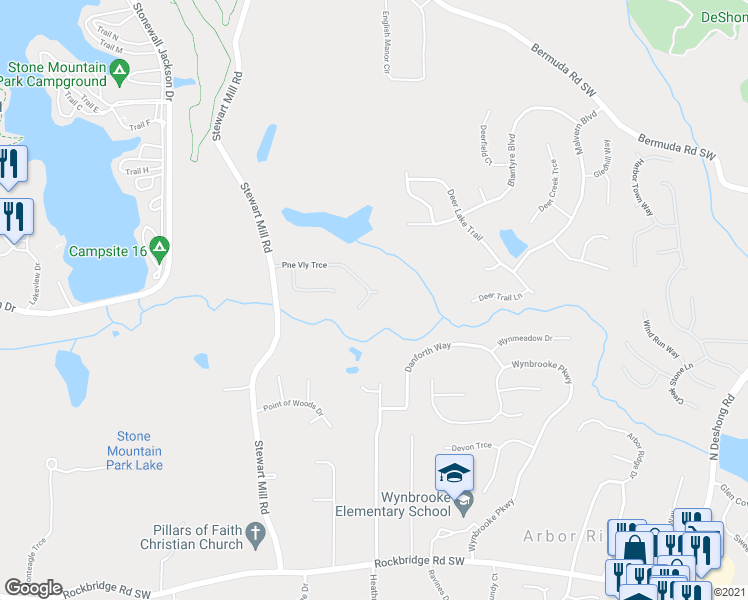 map of restaurants, bars, coffee shops, grocery stores, and more near 6768 Pine Valley Trace in Stone Mountain