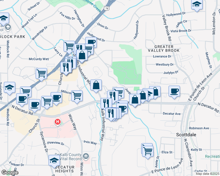 map of restaurants, bars, coffee shops, grocery stores, and more near 100 Paces Park Drive in Decatur