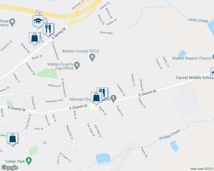 map of restaurants, bars, coffee shops, grocery stores, and more near 1205 Claywill Circle in Monroe