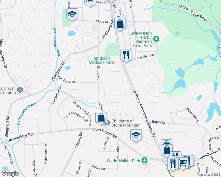 map of restaurants, bars, coffee shops, grocery stores, and more near 5274 Ridge Forest Drive in Stone Mountain