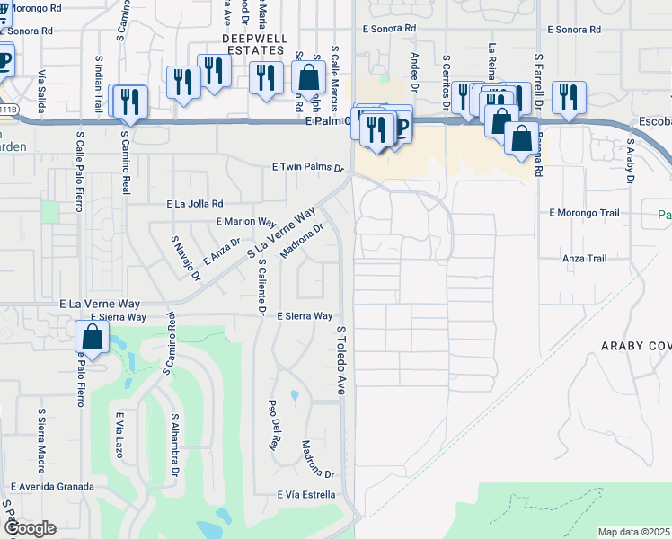 map of restaurants, bars, coffee shops, grocery stores, and more near 2045 Toledo Avenue in Palm Springs