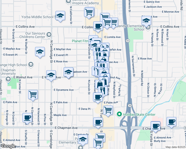 map of restaurants, bars, coffee shops, grocery stores, and more near 464 North Shattuck Place in Orange