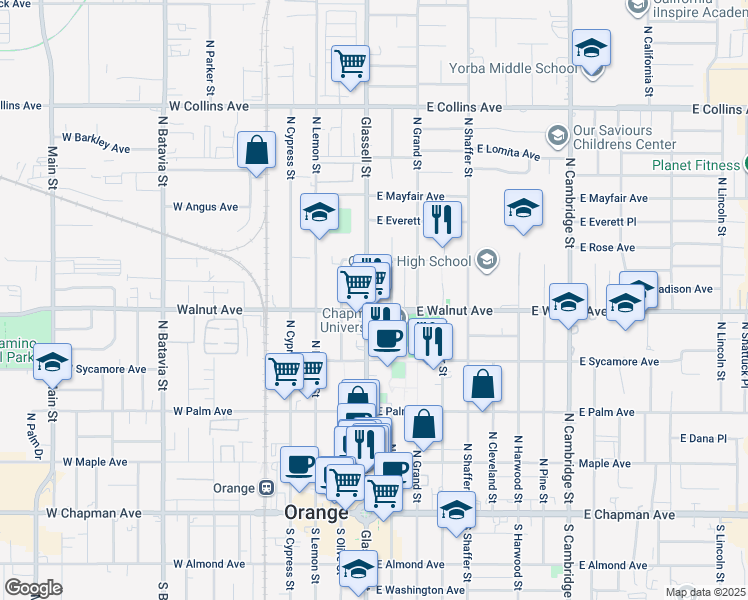 map of restaurants, bars, coffee shops, grocery stores, and more near 480 North Glassell Street in Orange