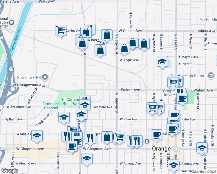 map of restaurants, bars, coffee shops, grocery stores, and more near 491 North Citrus Street in Orange