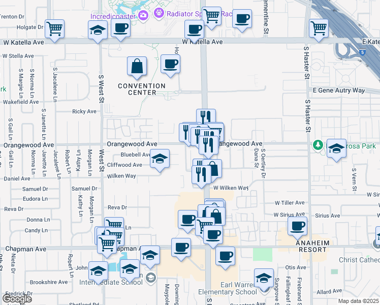 map of restaurants, bars, coffee shops, grocery stores, and more near 2114 South Mallul Drive in Anaheim