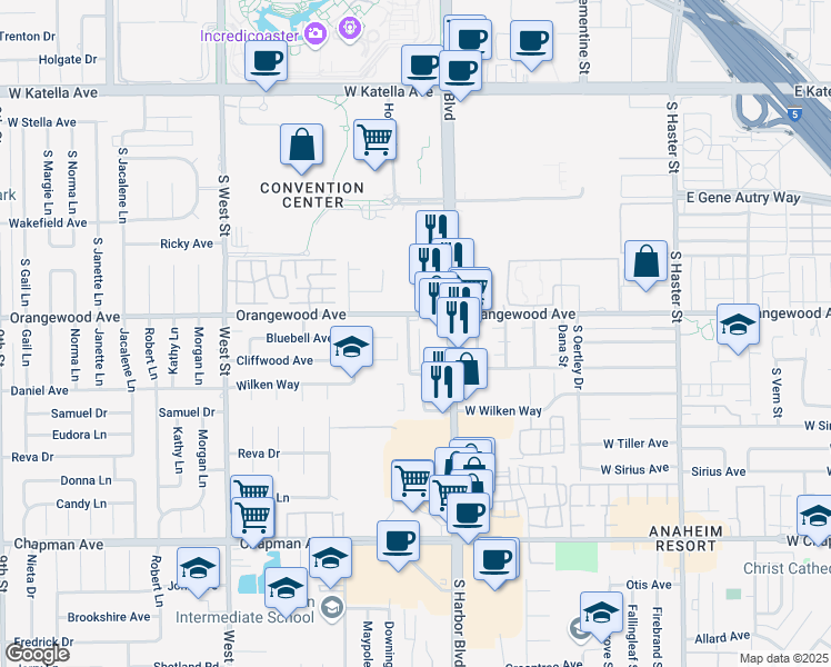 map of restaurants, bars, coffee shops, grocery stores, and more near 2130 West Wilken Way in Anaheim