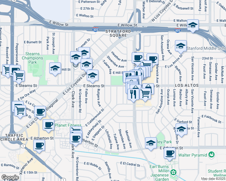 map of restaurants, bars, coffee shops, grocery stores, and more near 2139 Stearnlee Avenue in Long Beach