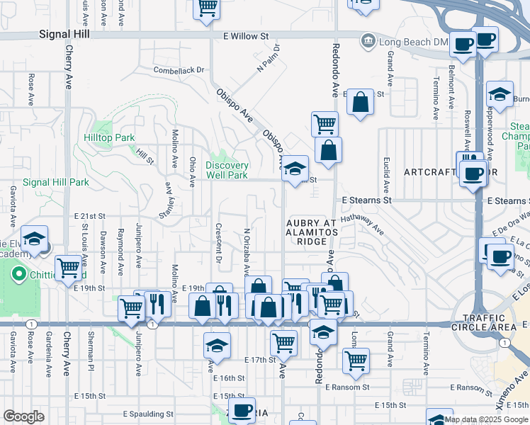 map of restaurants, bars, coffee shops, grocery stores, and more near 1528 North Freeman Avenue in Signal Hill