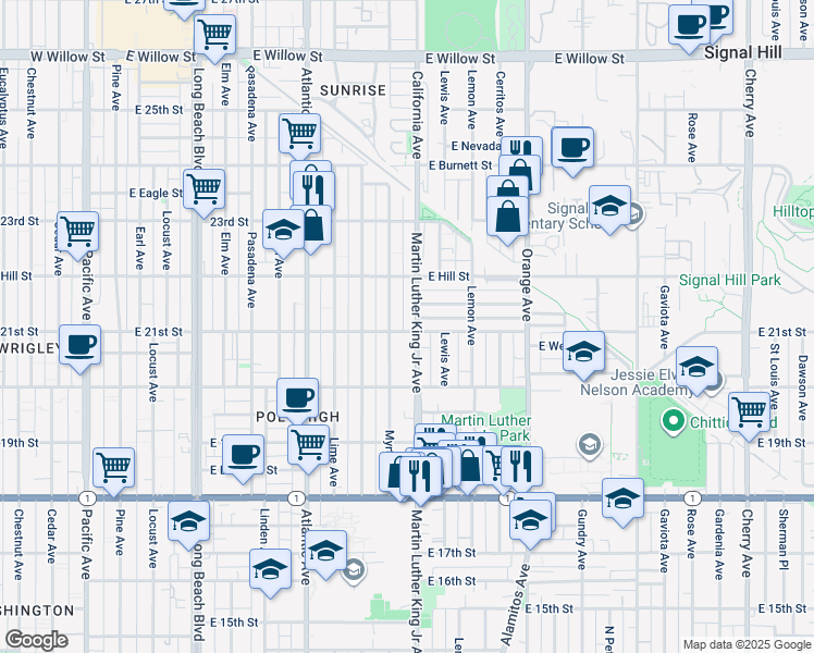 map of restaurants, bars, coffee shops, grocery stores, and more near 1004 East 21st Street in Long Beach