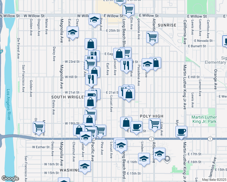 map of restaurants, bars, coffee shops, grocery stores, and more near 2070 Locust Avenue in Long Beach