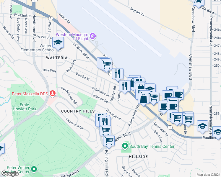 map of restaurants, bars, coffee shops, grocery stores, and more near 25226 Weston Road in Torrance