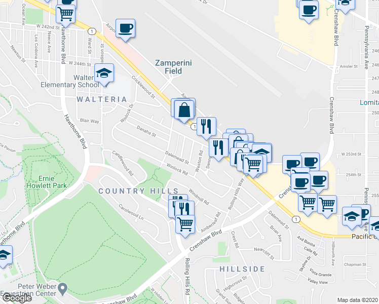 map of restaurants, bars, coffee shops, grocery stores, and more near in Torrance