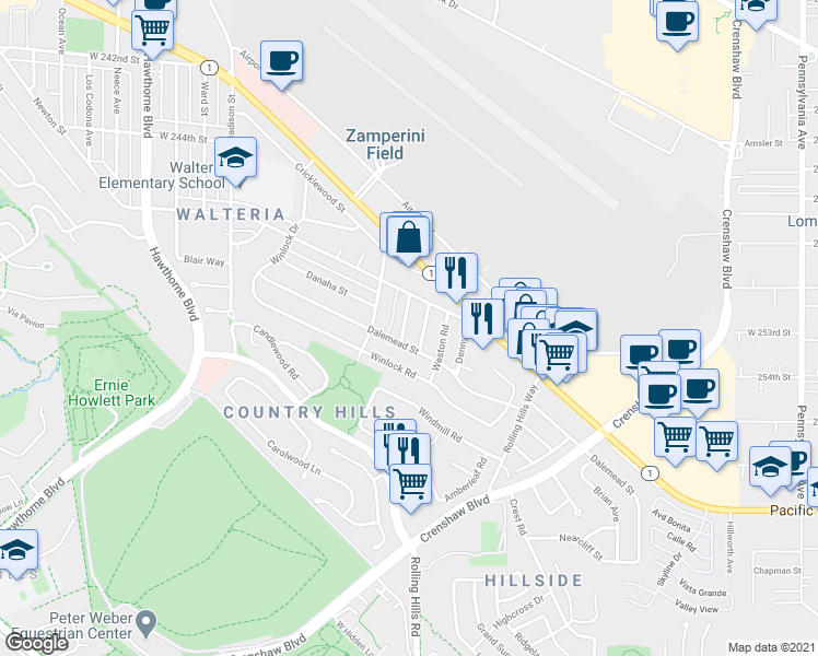 map of restaurants, bars, coffee shops, grocery stores, and more near in Torrance