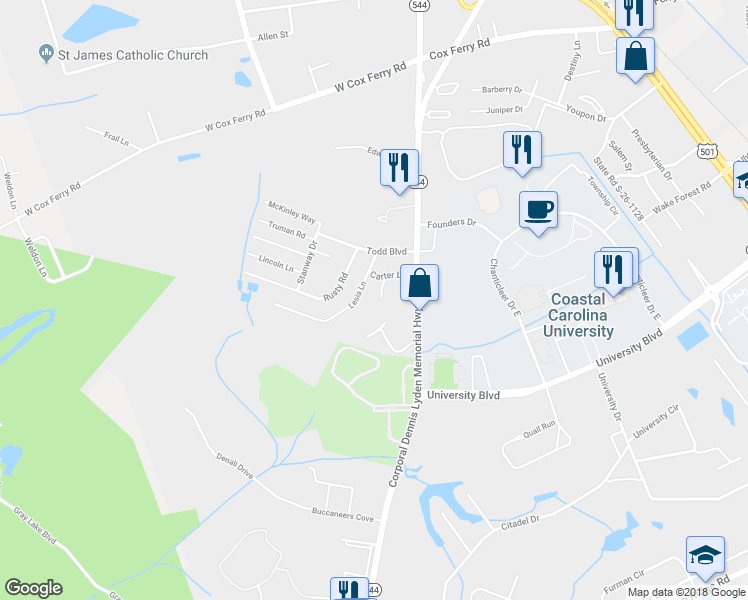 map of restaurants, bars, coffee shops, grocery stores, and more near 830 South Carolina 544 in Conway
