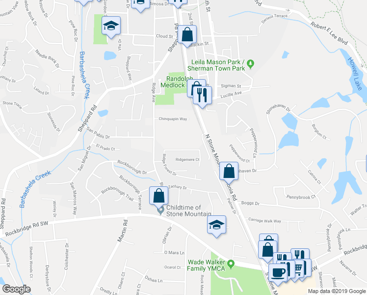 map of restaurants, bars, coffee shops, grocery stores, and more near 5247 Ridge Forest Drive in Stone Mountain