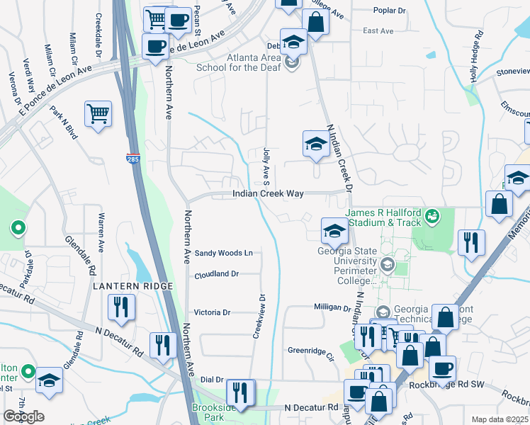 map of restaurants, bars, coffee shops, grocery stores, and more near 624 Ridge Creek Drive in Clarkston