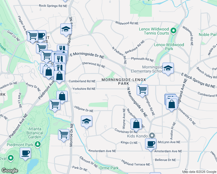 map of restaurants, bars, coffee shops, grocery stores, and more near 783 Yorkshire Road Northeast in Atlanta