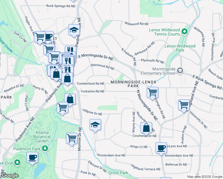 map of restaurants, bars, coffee shops, grocery stores, and more near 733 Yorkshire Road Northeast in Atlanta