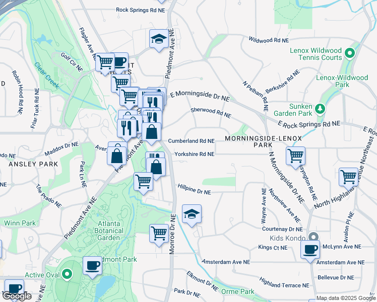map of restaurants, bars, coffee shops, grocery stores, and more near 650 Yorkshire Road Northeast in Atlanta