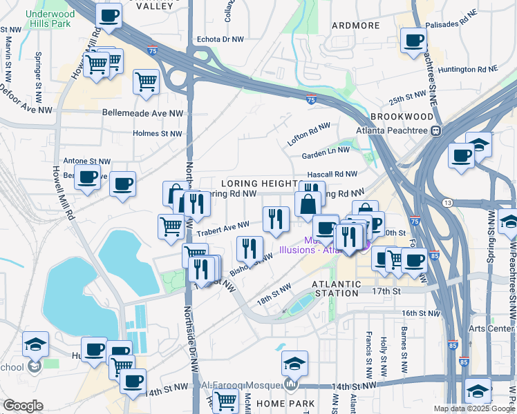 map of restaurants, bars, coffee shops, grocery stores, and more near 1486 Brooklyn Avenue Northwest in Atlanta