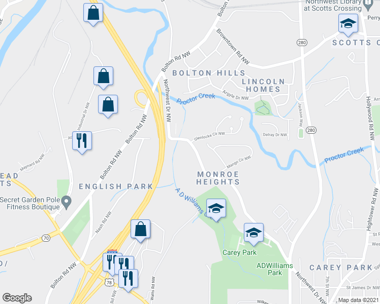 map of restaurants, bars, coffee shops, grocery stores, and more near 1456 Northwest Drive Northwest in Atlanta