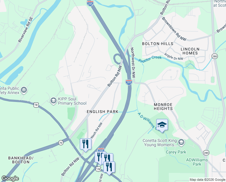 map of restaurants, bars, coffee shops, grocery stores, and more near 1462 Nash Road Northwest in Atlanta