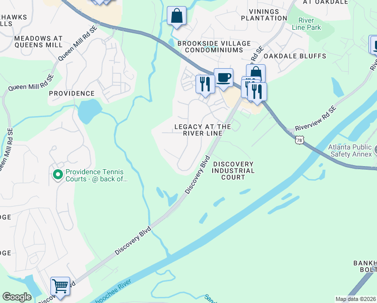 map of restaurants, bars, coffee shops, grocery stores, and more near 6387 Century Park Place Southeast in Mableton