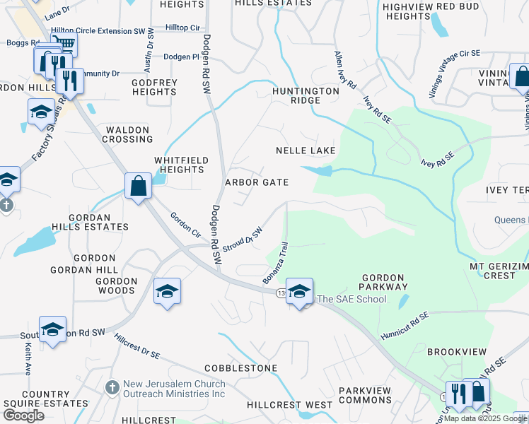 map of restaurants, bars, coffee shops, grocery stores, and more near 101 Stroud Drive Southeast in Mableton