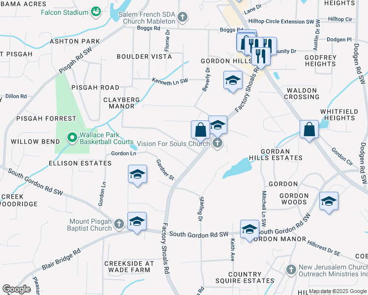 map of restaurants, bars, coffee shops, grocery stores, and more near 830 Howard Court Southwest in Mableton