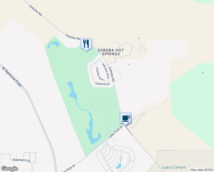 map of restaurants, bars, coffee shops, grocery stores, and more near 1822 Carrera Drive in San Jacinto