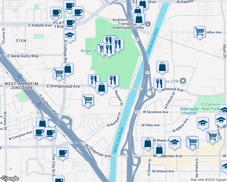 map of restaurants, bars, coffee shops, grocery stores, and more near 2150 Rampart Street in Anaheim