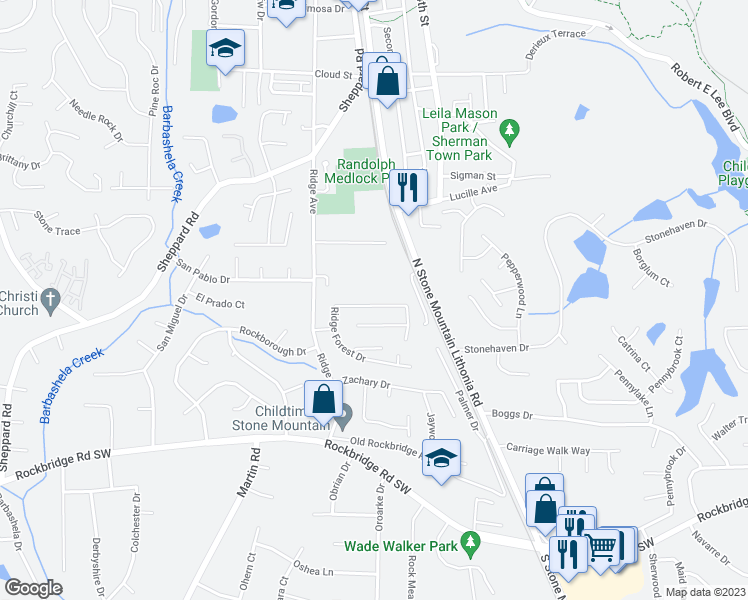 map of restaurants, bars, coffee shops, grocery stores, and more near 5247 Ridge Forest Drive in Stone Mountain