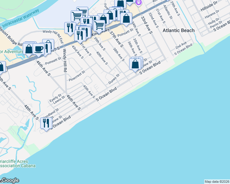 map of restaurants, bars, coffee shops, grocery stores, and more near 4303 South Ocean Boulevard in North Myrtle Beach