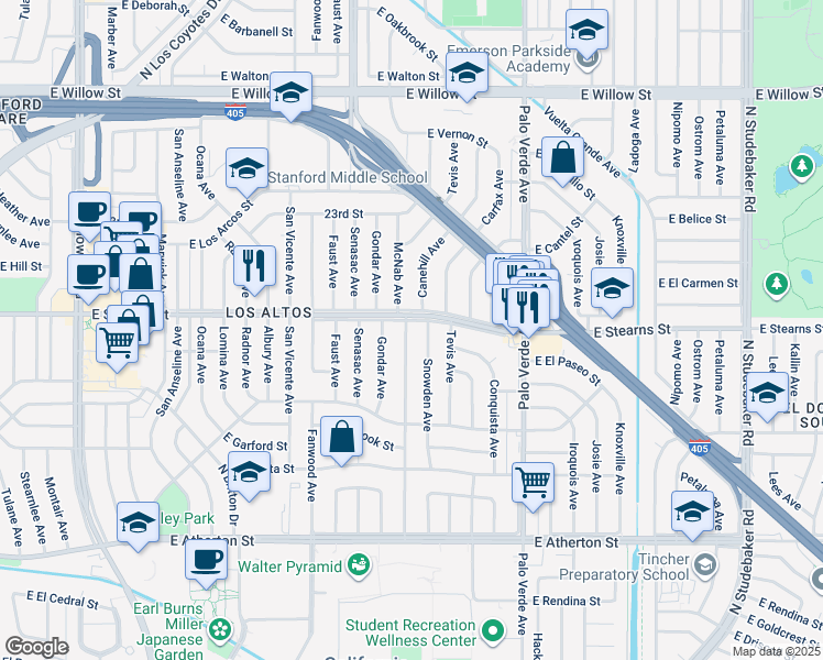 map of restaurants, bars, coffee shops, grocery stores, and more near 2180 McNab Avenue in Long Beach