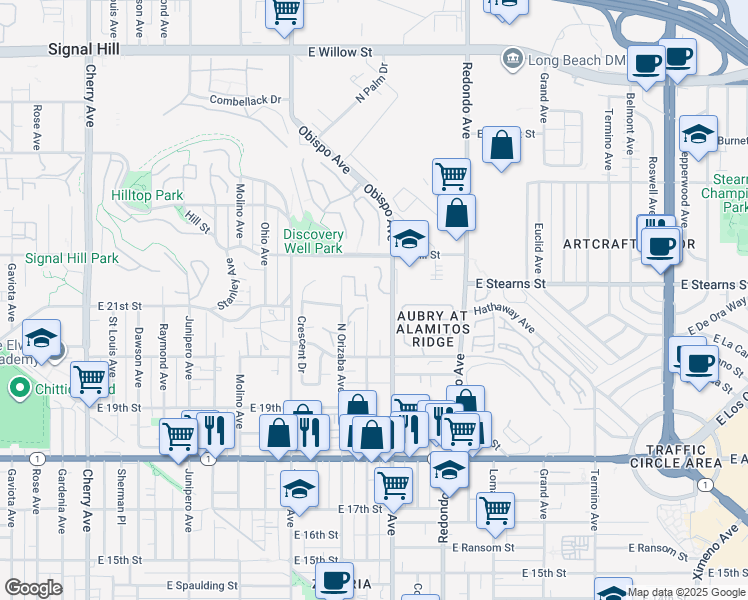 map of restaurants, bars, coffee shops, grocery stores, and more near 2108 Ridgeview Terrace Drive in Signal Hill