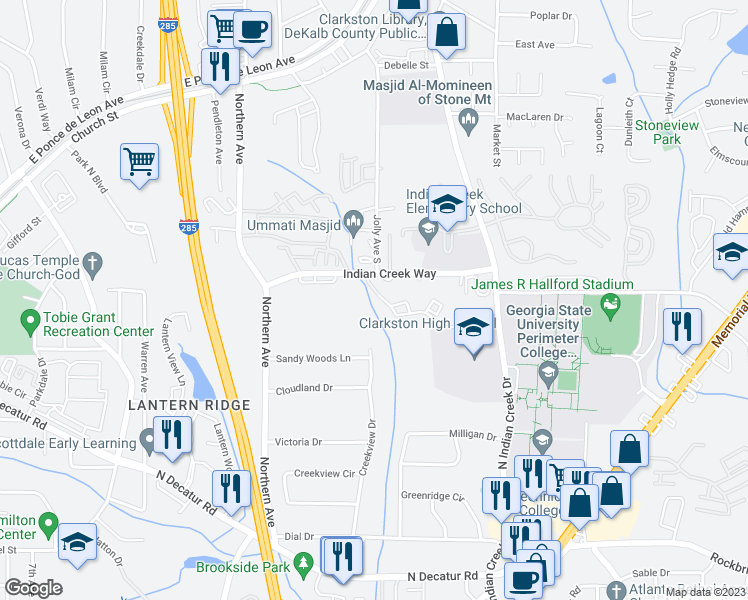 map of restaurants, bars, coffee shops, grocery stores, and more near 724 Ridge Creek Drive in Clarkston