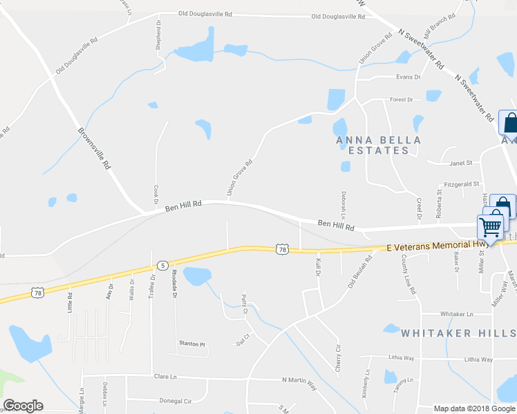 map of restaurants, bars, coffee shops, grocery stores, and more near 4302 Ben Hill Road in Lithia Springs